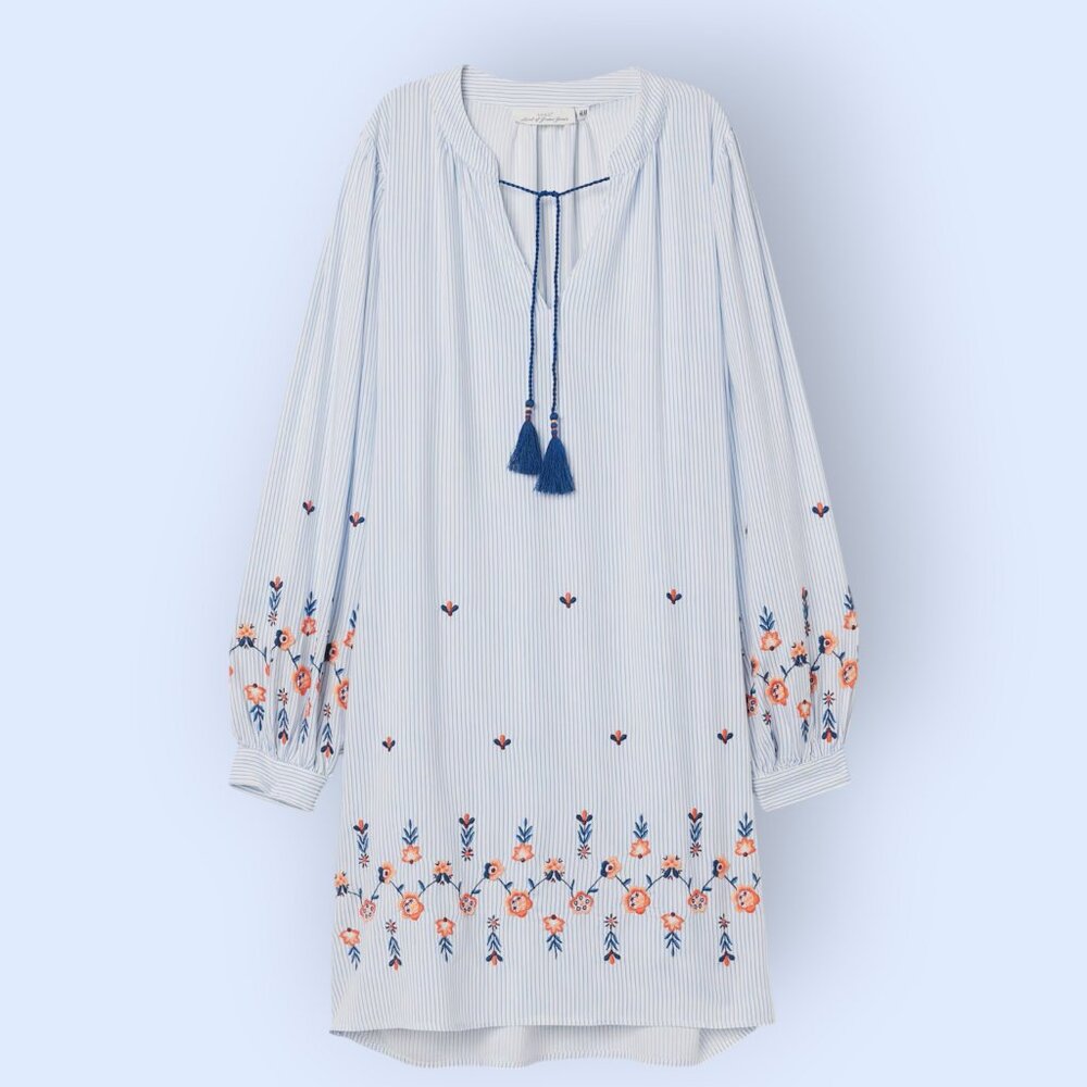H&M L.O.G.G. Dress Women's Size 8 Long Sleeve Oversize Embroidered Beach Coverup